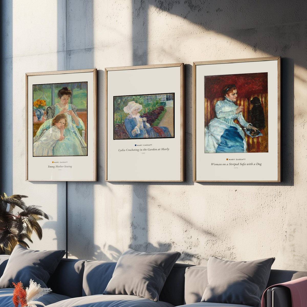 Set of Three Mary Cassatt Art Prints - 3 Woman Paintings - Poster Giclee Museum - Young Mother Sewing Lydia Crocheting Woman on Striped Sofa