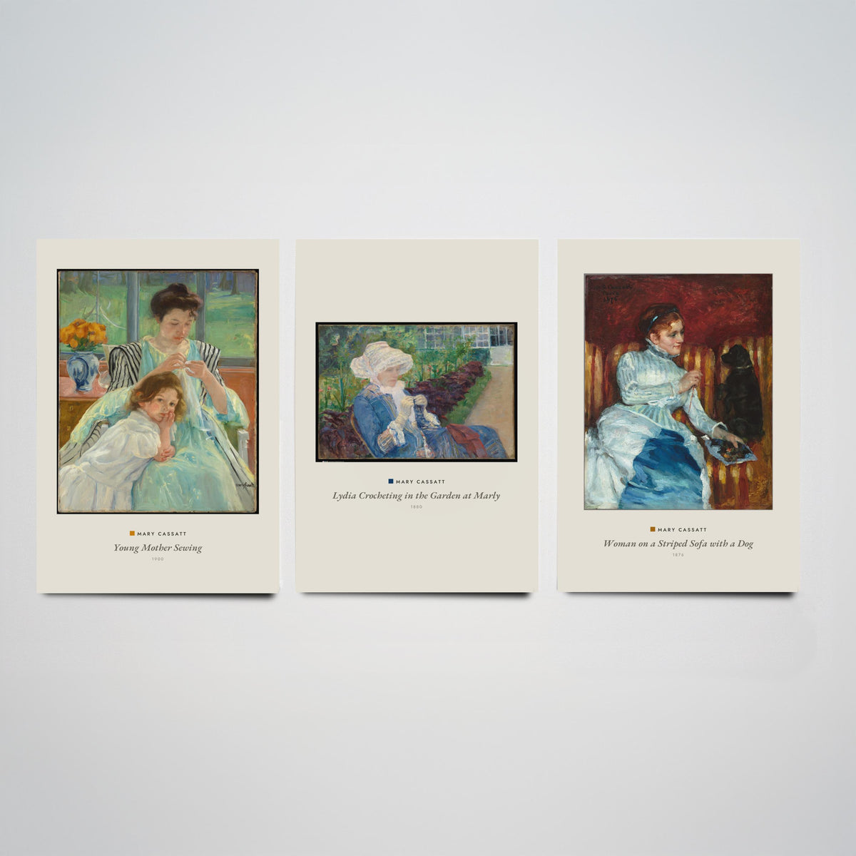 Set of Three Mary Cassatt Art Prints - 3 Woman Paintings - Poster Giclee Museum - Young Mother Sewing Lydia Crocheting Woman on Striped Sofa