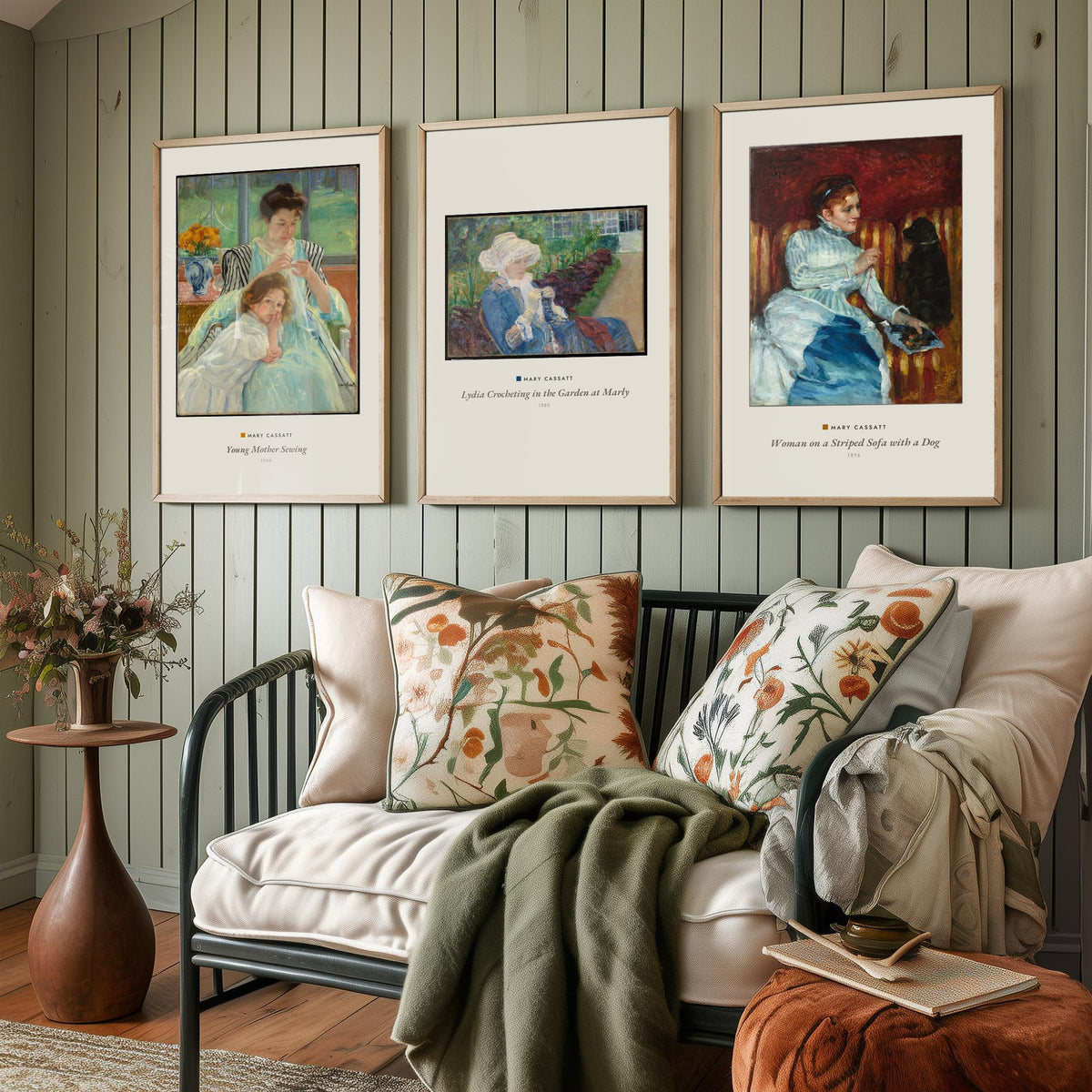 Set of Three Mary Cassatt Art Prints - 3 Woman Paintings - Poster Giclee Museum - Young Mother Sewing Lydia Crocheting Woman on Striped Sofa