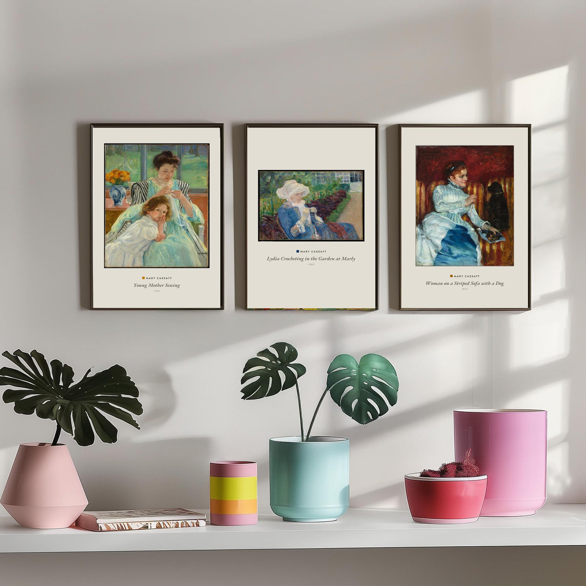 Set of Three Mary Cassatt Art Prints - 3 Woman Paintings - Poster Giclee Museum - Young Mother Sewing Lydia Crocheting Woman on Striped Sofa
