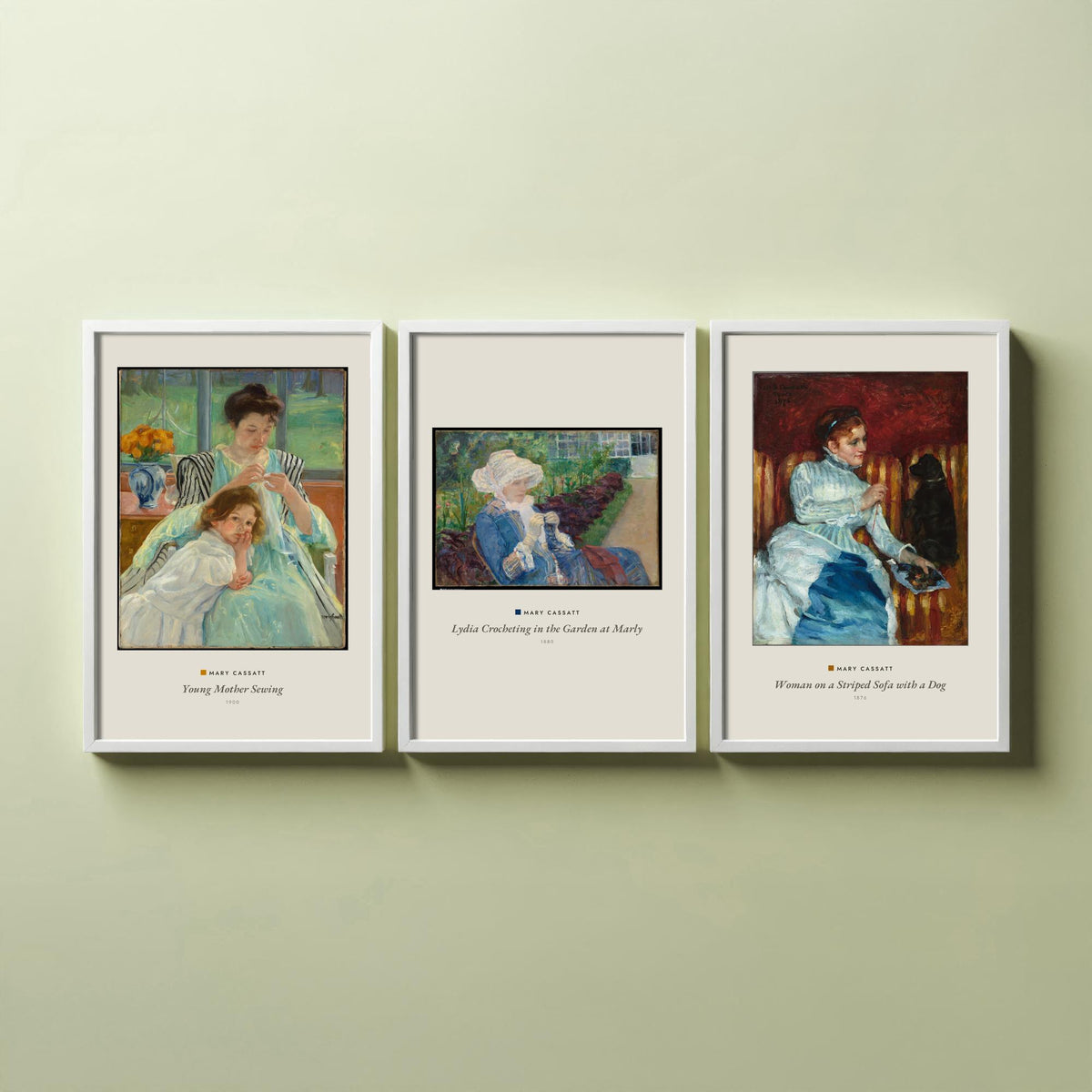Set of Three Mary Cassatt Art Prints - 3 Woman Paintings - Poster Giclee Museum - Young Mother Sewing Lydia Crocheting Woman on Striped Sofa