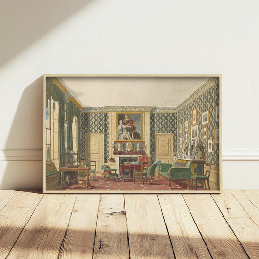 Mary Ellen Best - An Interior (c. 1840) - Classic Painting Art Print - Victorian Drawing Room Green Wallpaper Fireplace Poster