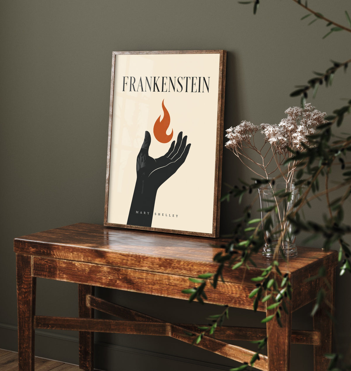 Frankenstein by Mary Shelley Art Print - Minimalist Book Cover Poster - Hand Holding Flame Illustration