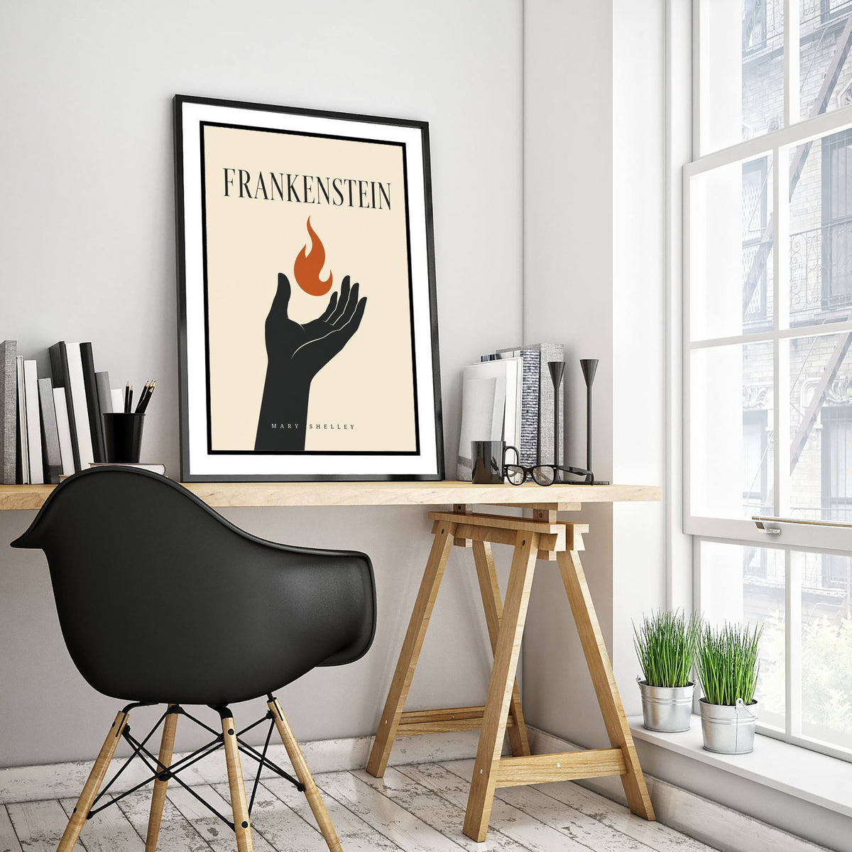 Frankenstein by Mary Shelley Art Print - Minimalist Book Cover Poster - Hand Holding Flame Illustration