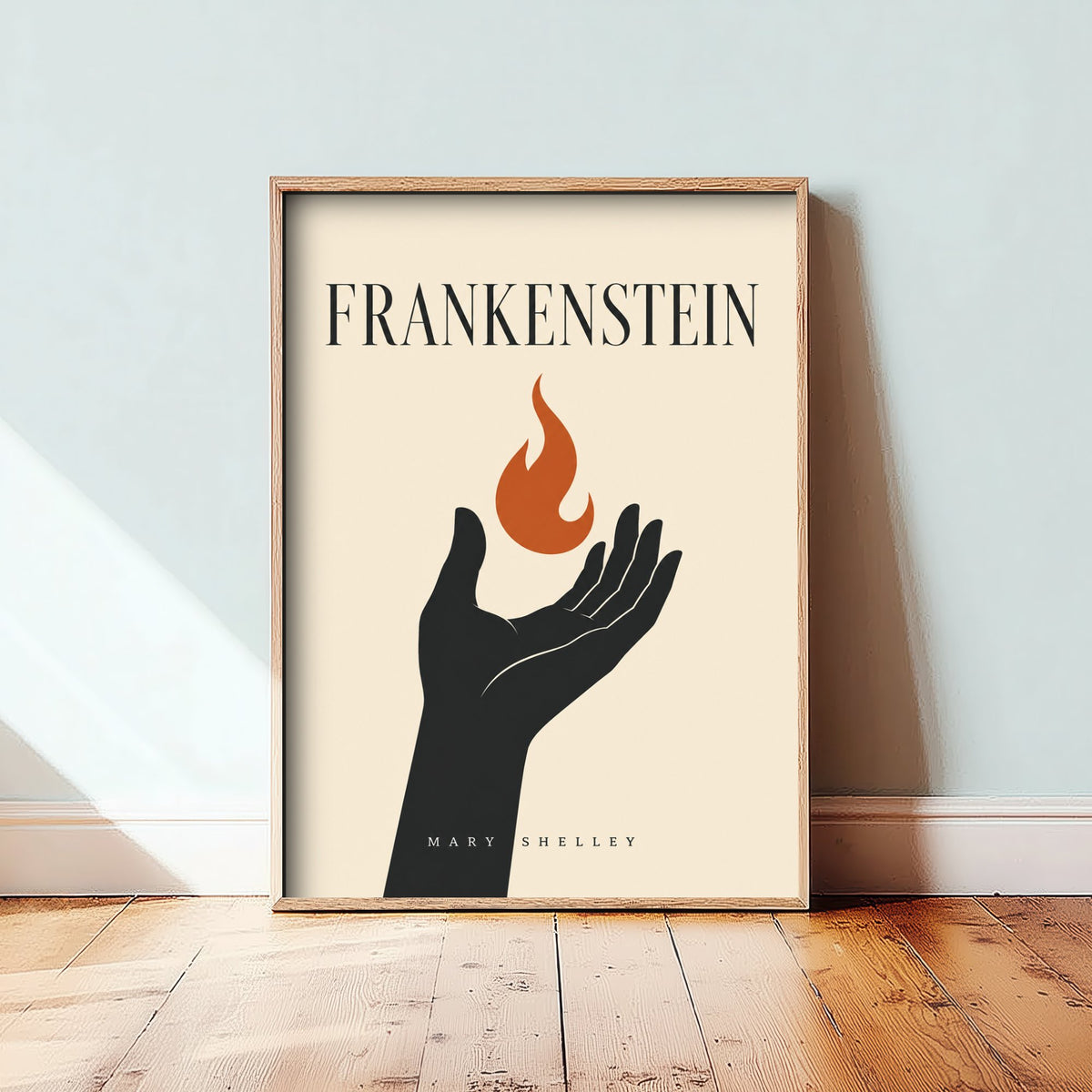 Frankenstein by Mary Shelley Art Print - Minimalist Book Cover Poster - Hand Holding Flame Illustration