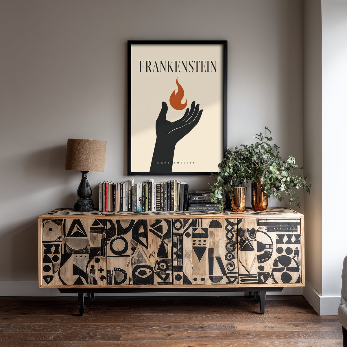 Frankenstein by Mary Shelley Art Print - Minimalist Book Cover Poster - Hand Holding Flame Illustration
