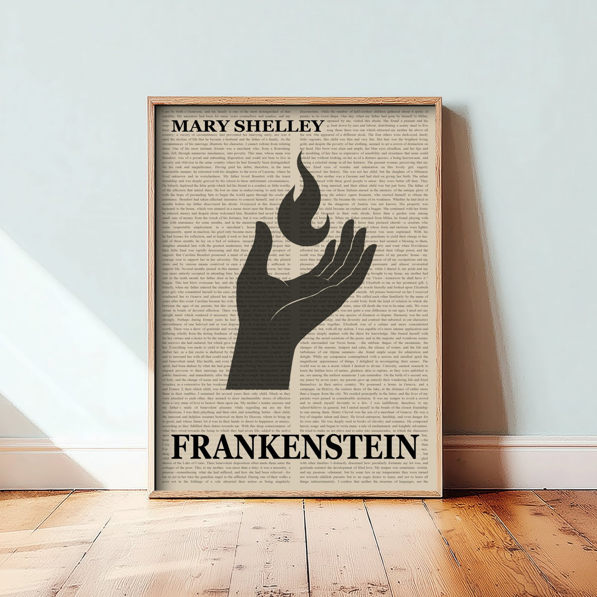 Frankenstein by Mary Shelley Art Print - Novel Text Book Cover Poster - Hand Holding Flame Illustration