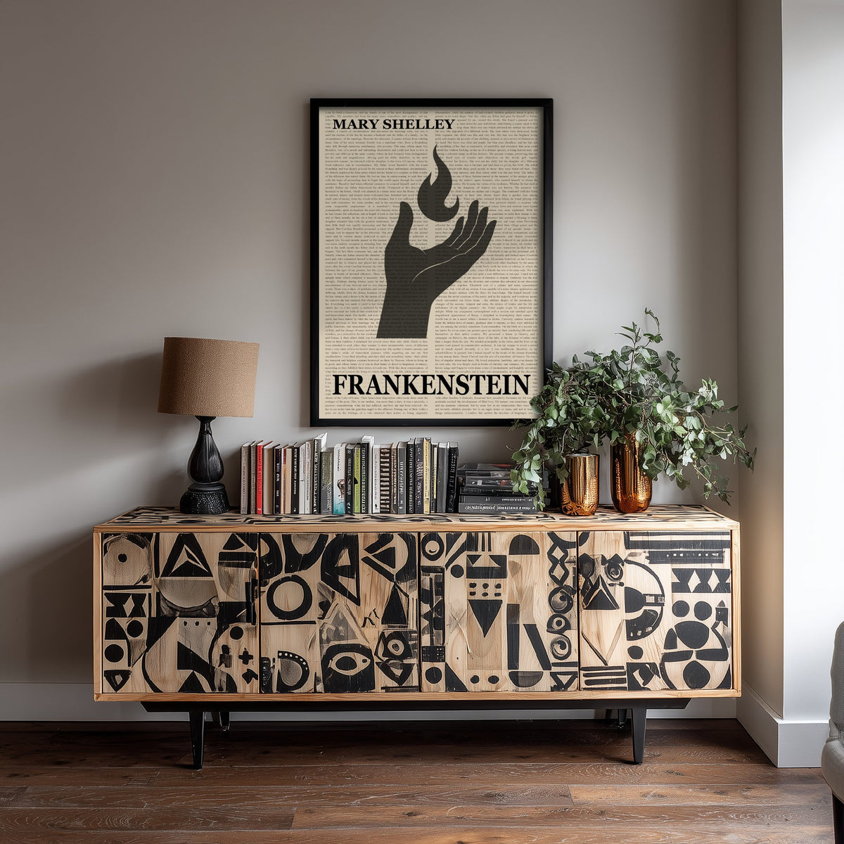 Frankenstein by Mary Shelley Art Print - Novel Text Book Cover Poster - Hand Holding Flame Illustration