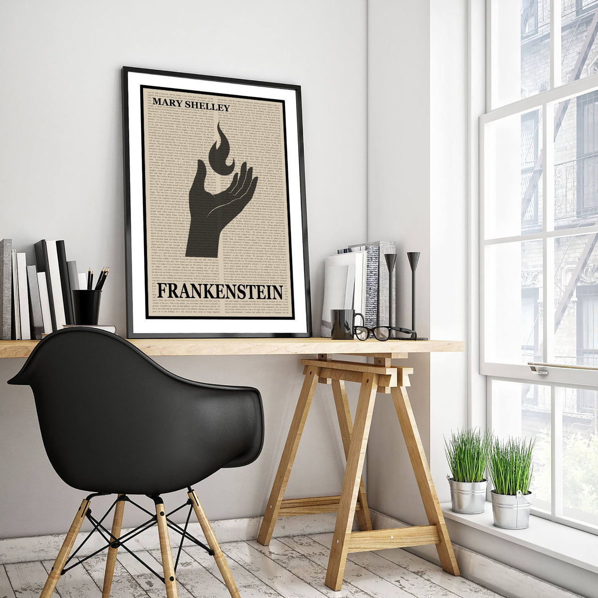 Frankenstein by Mary Shelley Art Print - Novel Text Book Cover Poster - Hand Holding Flame Illustration