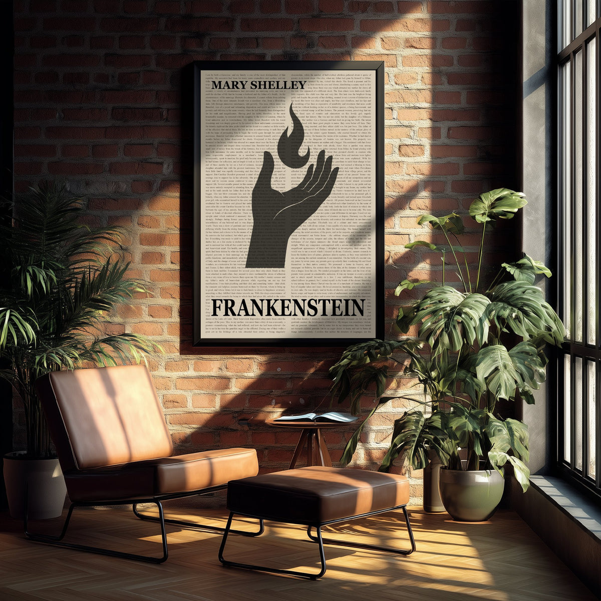 Frankenstein by Mary Shelley Art Print - Novel Text Book Cover Poster - Hand Holding Flame Illustration