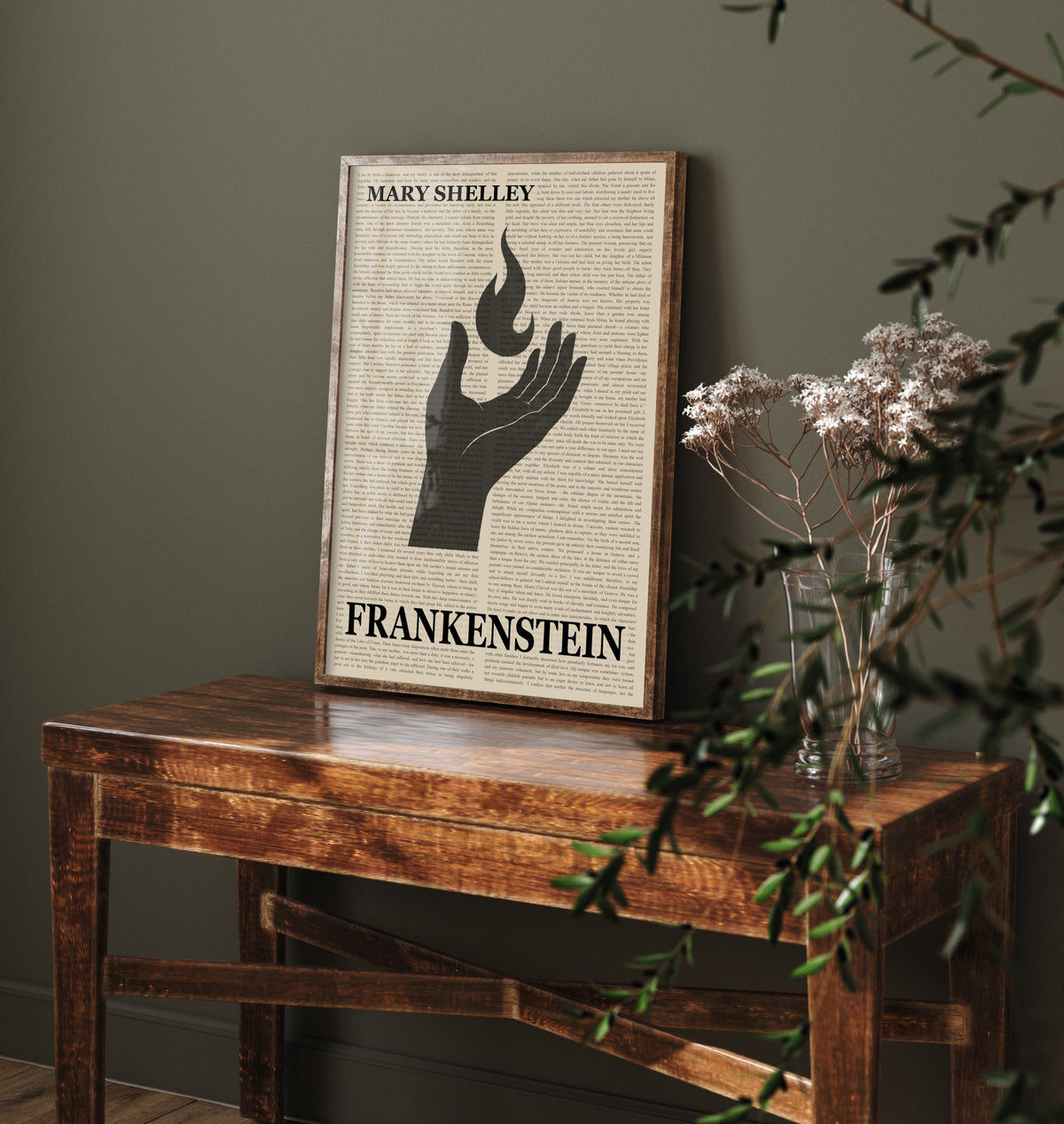 Frankenstein by Mary Shelley Art Print - Novel Text Book Cover Poster - Hand Holding Flame Illustration