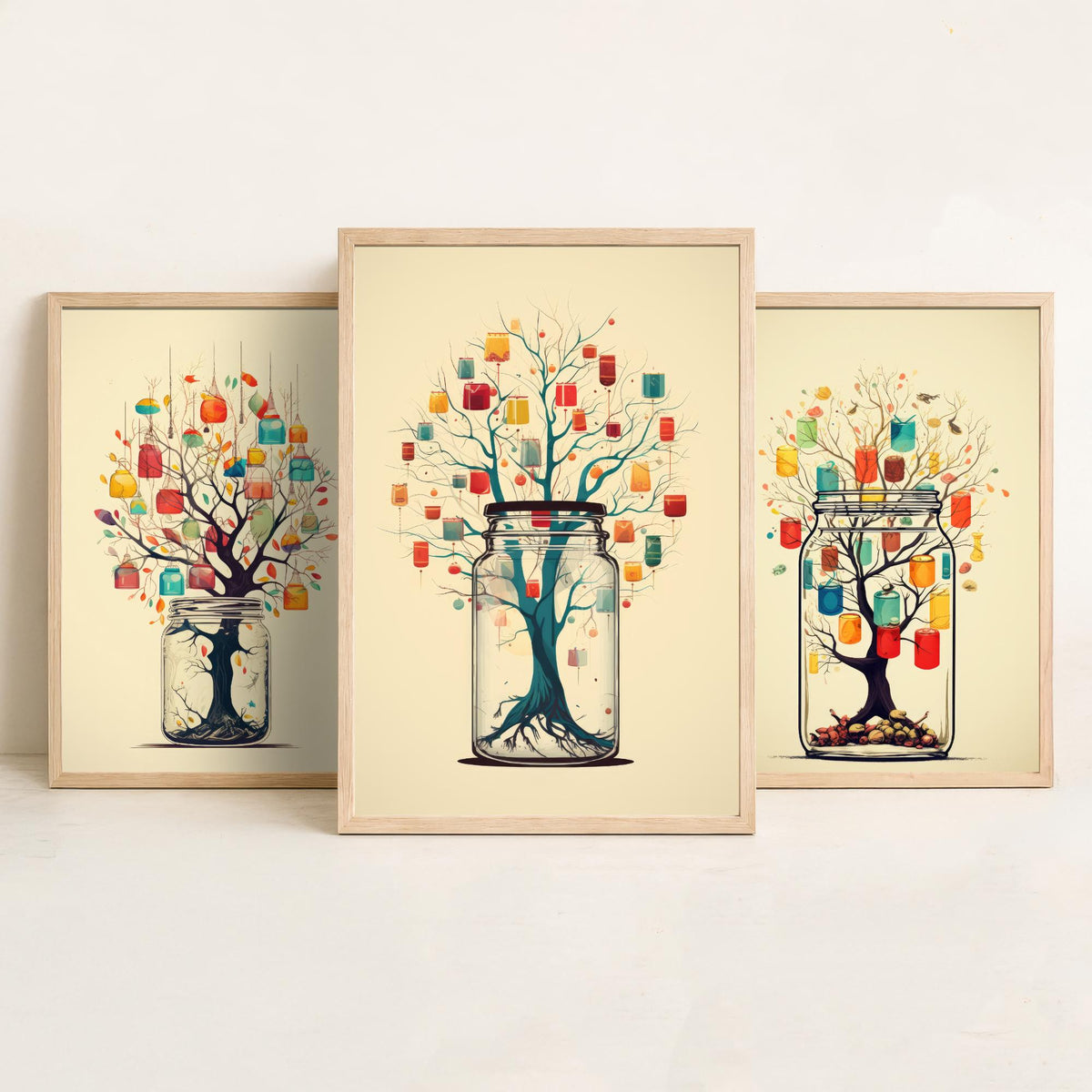 Mason Jar Trees Set of Three Art Prints - Trees with Hanging Lanterns - Whimsical Beige Poster Illustration