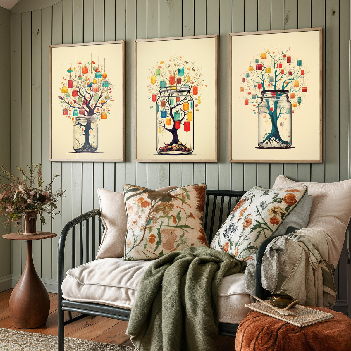 Mason Jar Trees Set of Three Art Prints - Trees with Hanging Lanterns - Whimsical Beige Poster Illustration