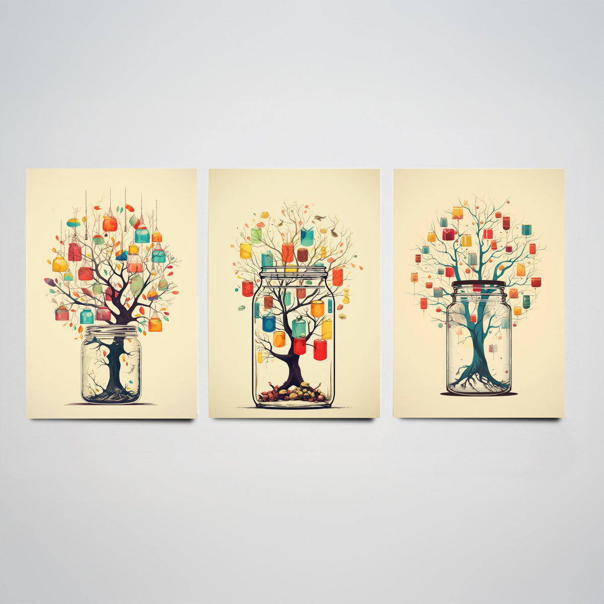 Mason Jar Trees Set of Three Art Prints - Trees with Hanging Lanterns - Whimsical Beige Poster Illustration
