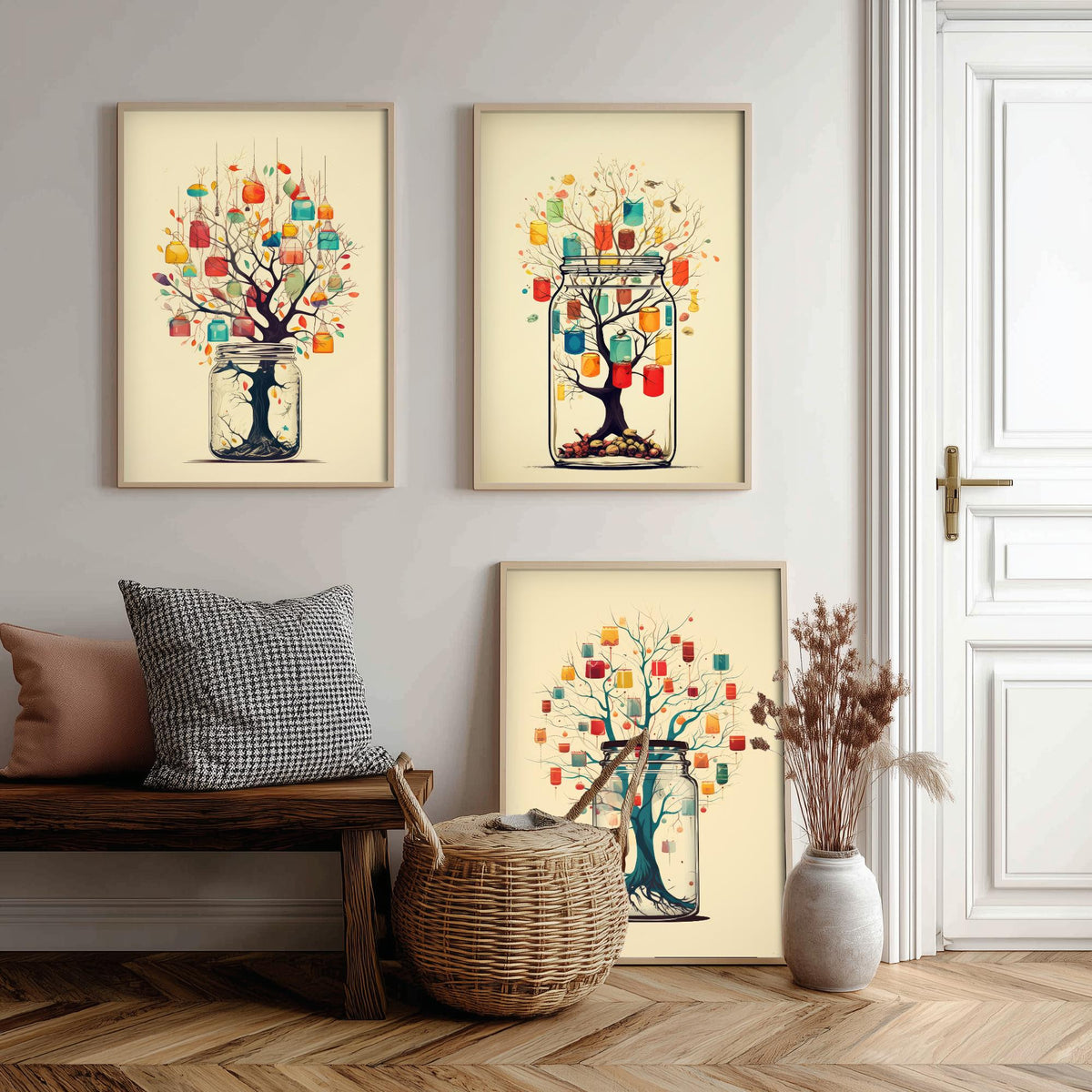 Mason Jar Trees Set of Three Art Prints - Trees with Hanging Lanterns - Whimsical Beige Poster Illustration