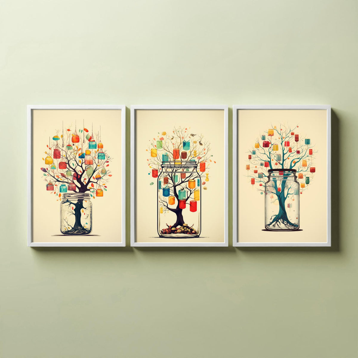 Mason Jar Trees Set of Three Art Prints - Trees with Hanging Lanterns - Whimsical Beige Poster Illustration
