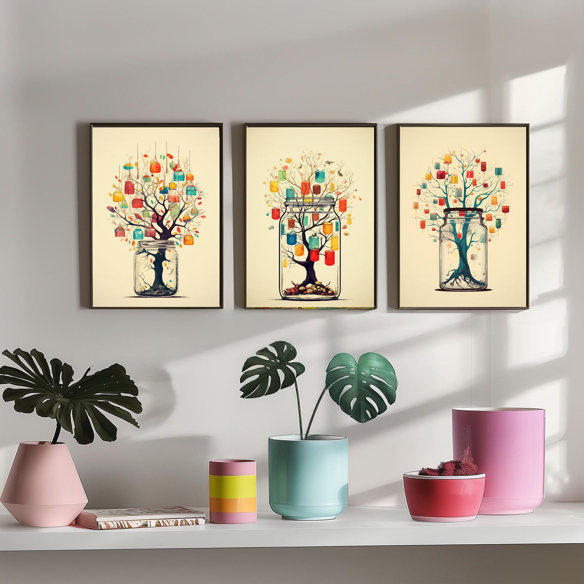 Mason Jar Trees Set of Three Art Prints - Trees with Hanging Lanterns - Whimsical Beige Poster Illustration