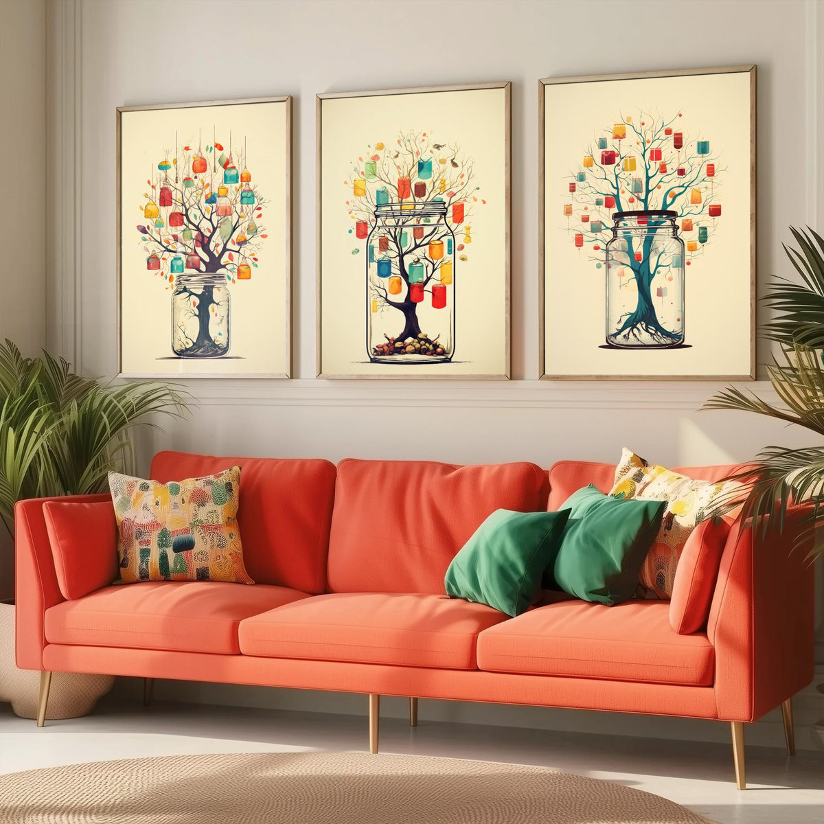 Mason Jar Trees Set of Three Art Prints - Trees with Hanging Lanterns - Whimsical Beige Poster Illustration