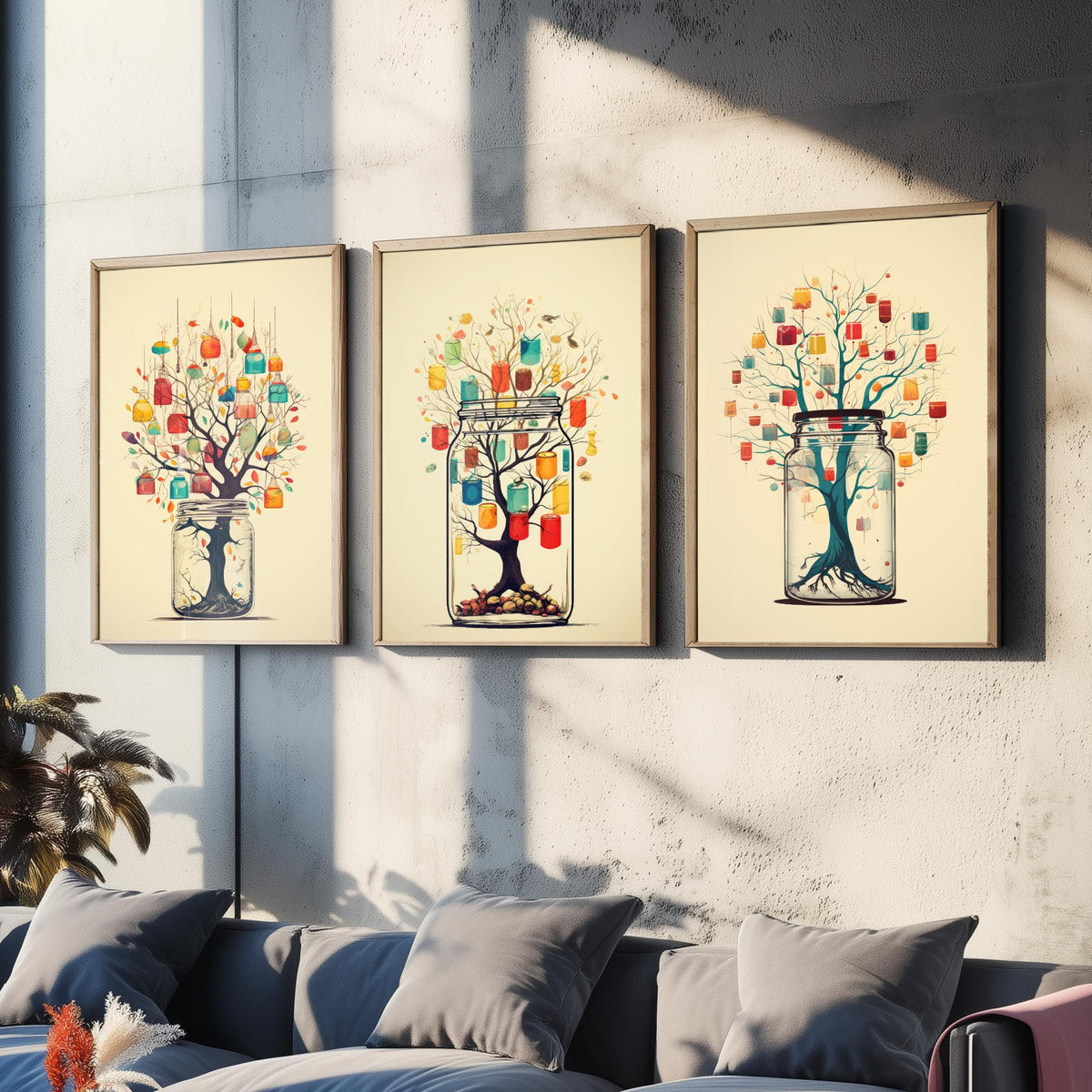 Mason Jar Trees Set of Three Art Prints - Trees with Hanging Lanterns - Whimsical Beige Poster Illustration
