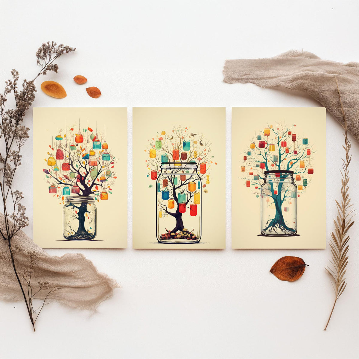Mason Jar Trees Set of Three Art Prints - Trees with Hanging Lanterns - Whimsical Beige Poster Illustration