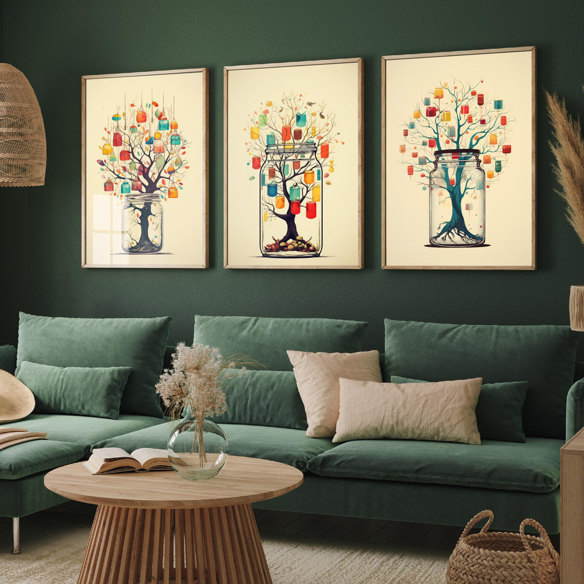 Mason Jar Trees Set of Three Art Prints - Trees with Hanging Lanterns - Whimsical Beige Poster Illustration