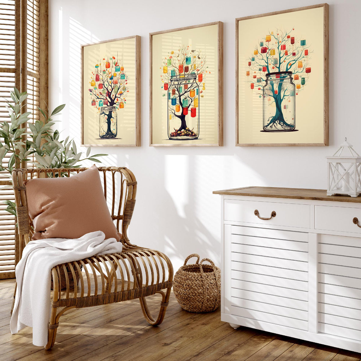 Mason Jar Trees Set of Three Art Prints - Trees with Hanging Lanterns - Whimsical Beige Poster Illustration