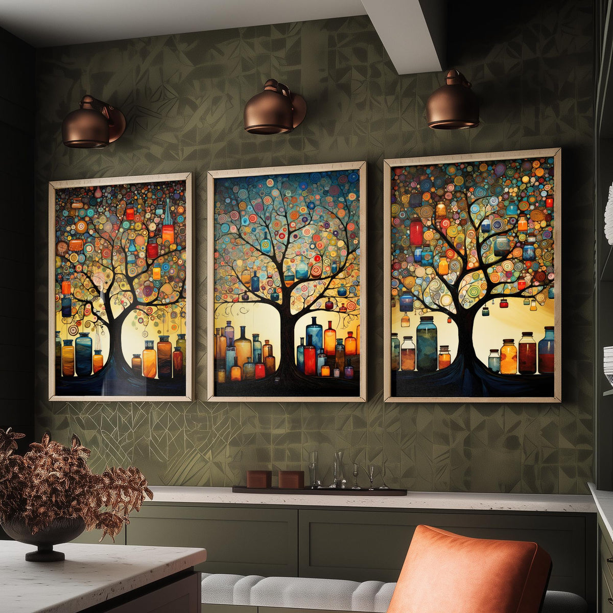 Tree of Life with Jars Set of Three Art Prints - Spiral Circle Trees and Glowing Bottles - Folk Art Painting Poster
