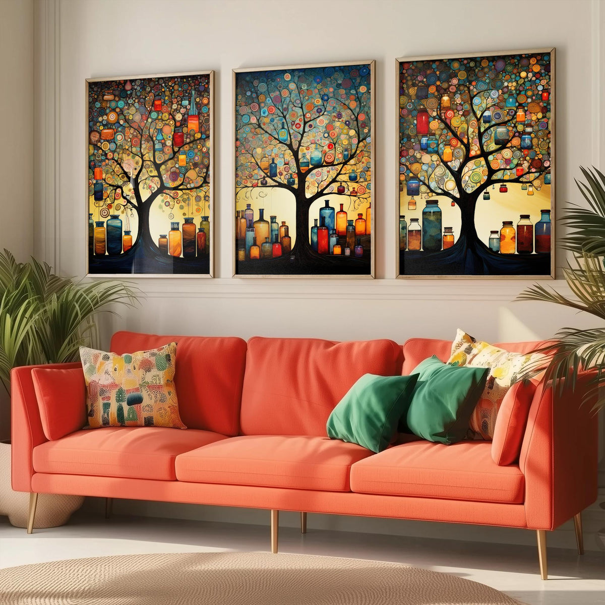 Tree of Life with Jars Set of Three Art Prints - Spiral Circle Trees and Glowing Bottles - Folk Art Painting Poster