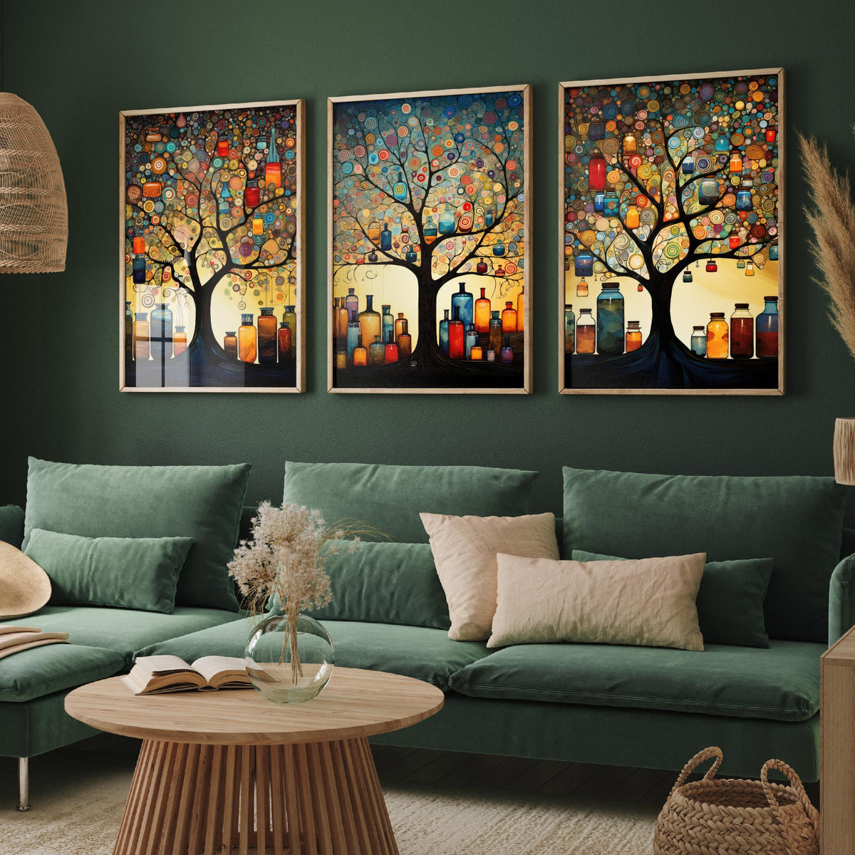 Tree of Life with Jars Set of Three Art Prints - Spiral Circle Trees and Glowing Bottles - Folk Art Painting Poster