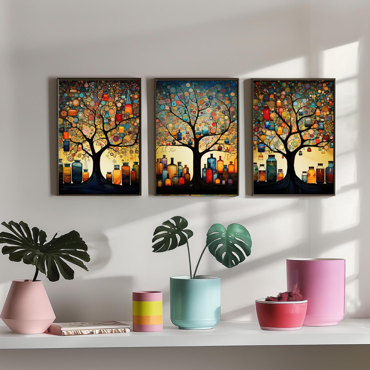 Tree of Life with Jars Set of Three Art Prints - Spiral Circle Trees and Glowing Bottles - Folk Art Painting Poster