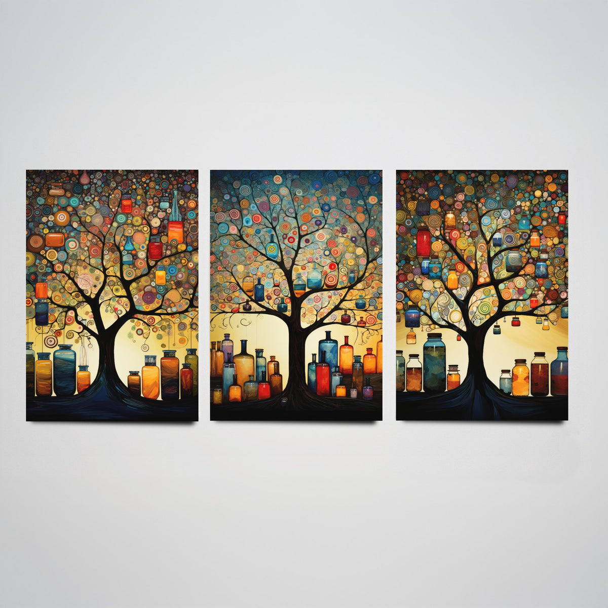 Tree of Life with Jars Set of Three Art Prints - Spiral Circle Trees and Glowing Bottles - Folk Art Painting Poster