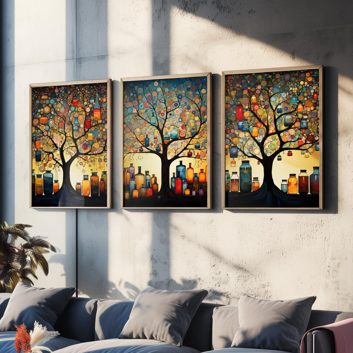 Tree of Life with Jars Set of Three Art Prints - Spiral Circle Trees and Glowing Bottles - Folk Art Painting Poster