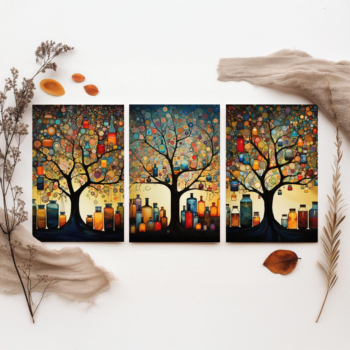 Tree of Life with Jars Set of Three Art Prints - Spiral Circle Trees and Glowing Bottles - Folk Art Painting Poster
