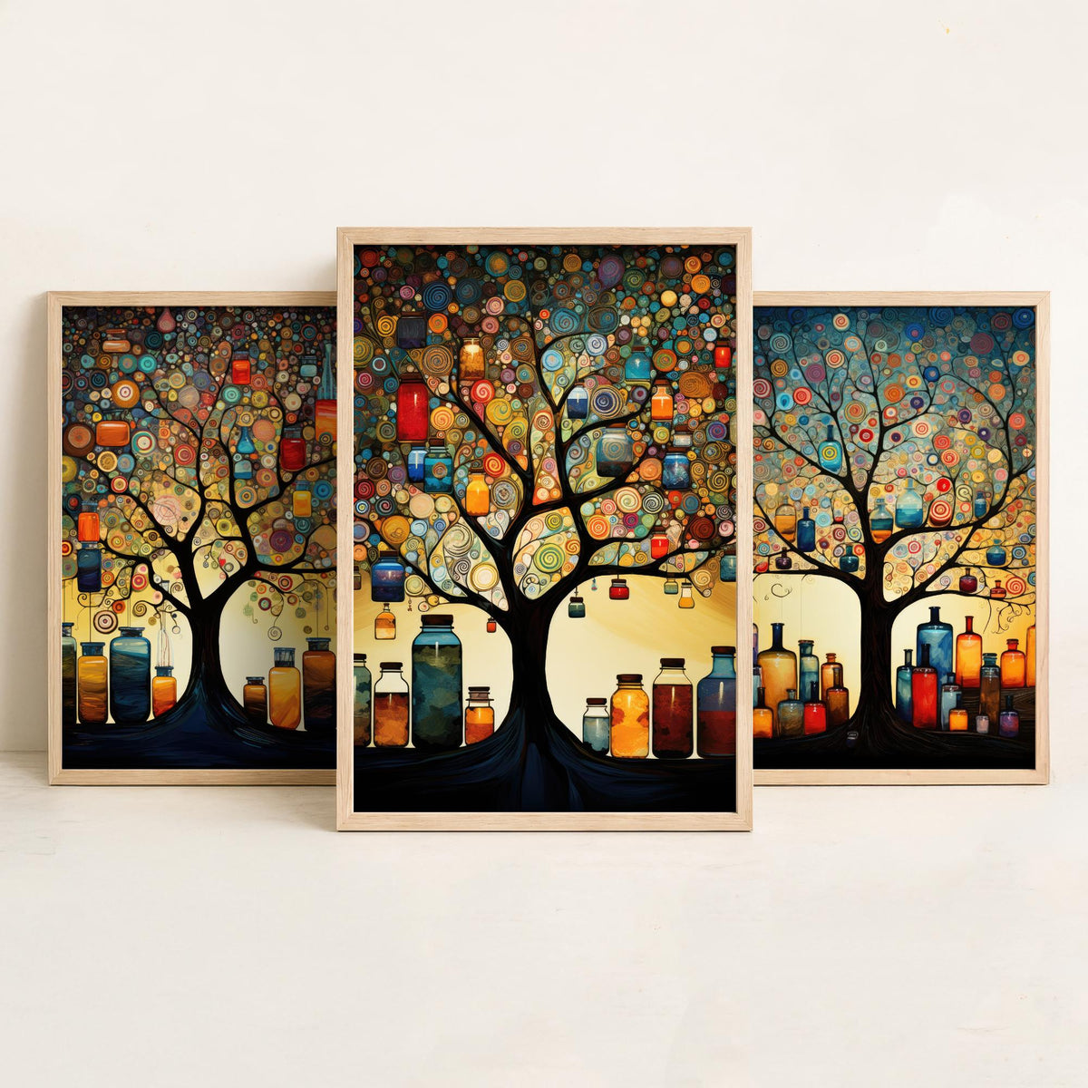 Tree of Life with Jars Set of Three Art Prints - Spiral Circle Trees and Glowing Bottles - Folk Art Painting Poster