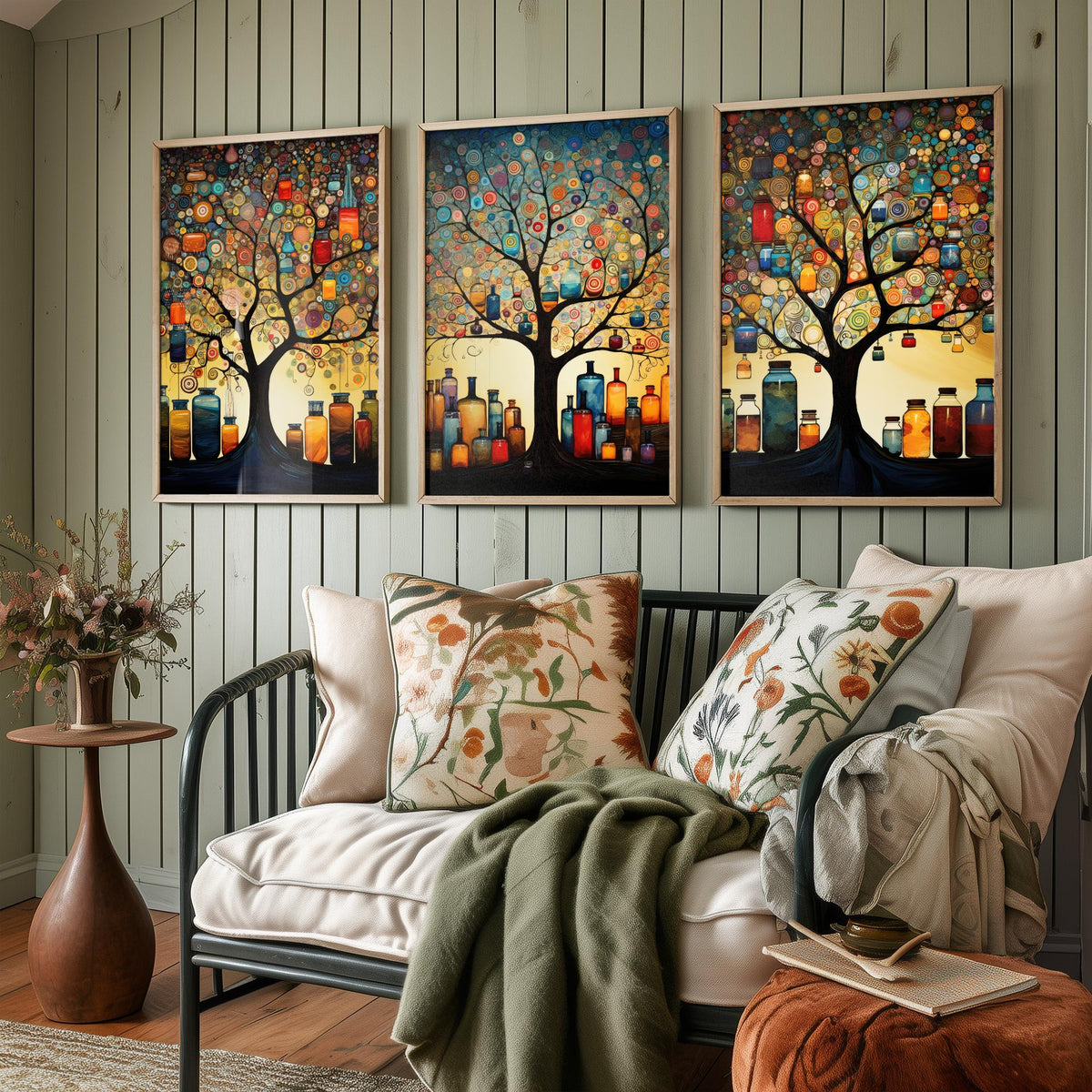 Tree of Life with Jars Set of Three Art Prints - Spiral Circle Trees and Glowing Bottles - Folk Art Painting Poster