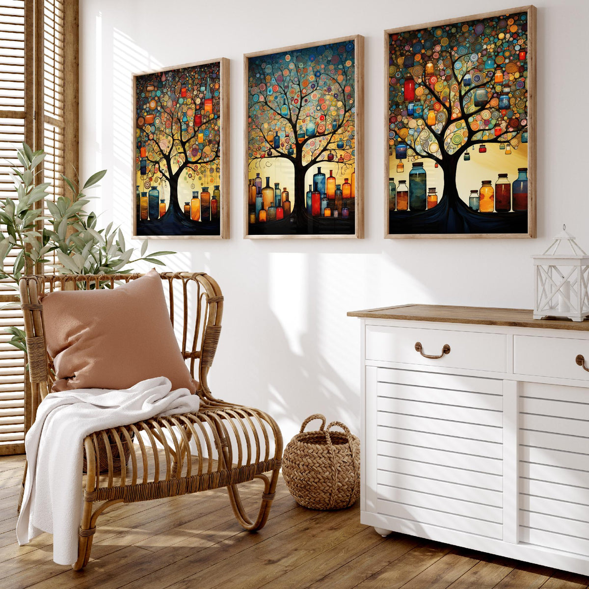 Tree of Life with Jars Set of Three Art Prints - Spiral Circle Trees and Glowing Bottles - Folk Art Painting Poster