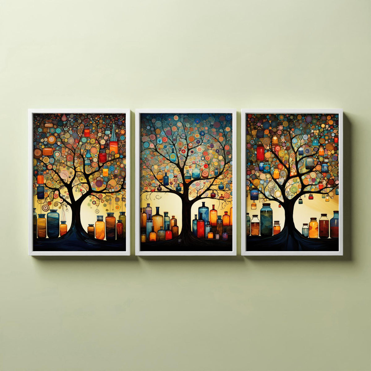 Tree of Life with Jars Set of Three Art Prints - Spiral Circle Trees and Glowing Bottles - Folk Art Painting Poster