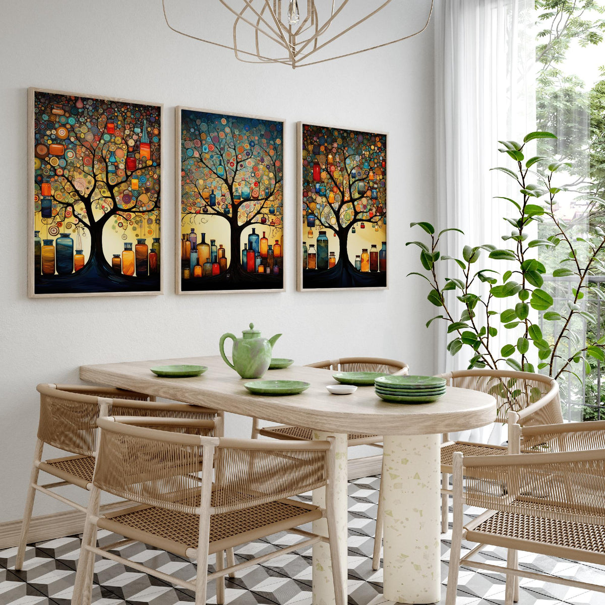 Tree of Life with Jars Set of Three Art Prints - Spiral Circle Trees and Glowing Bottles - Folk Art Painting Poster