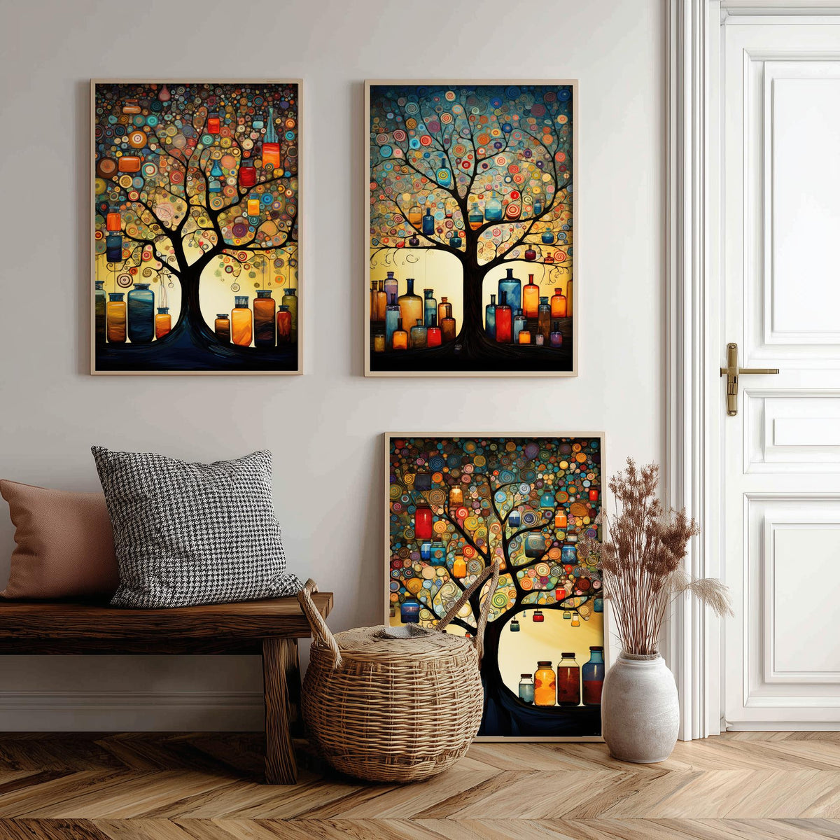 Tree of Life with Jars Set of Three Art Prints - Spiral Circle Trees and Glowing Bottles - Folk Art Painting Poster