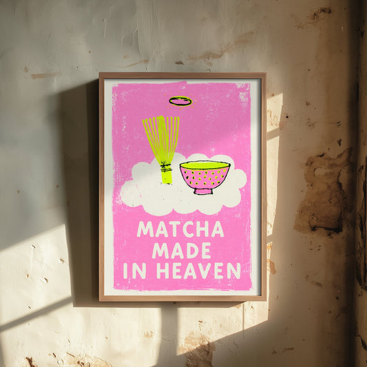 Matcha Made in Heaven Art Print - Bamboo Whisk and Tea Bowl Poster - Neon Pink Kitchen Illustration