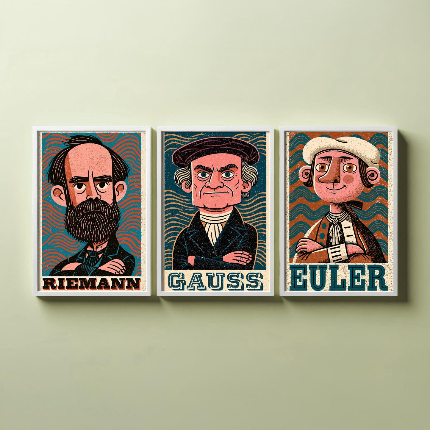 Mathematicians Set of Three Art Prints - Riemann, Gauss, Euler - Maths Poster Wall Art Gift Illustration Science Decor