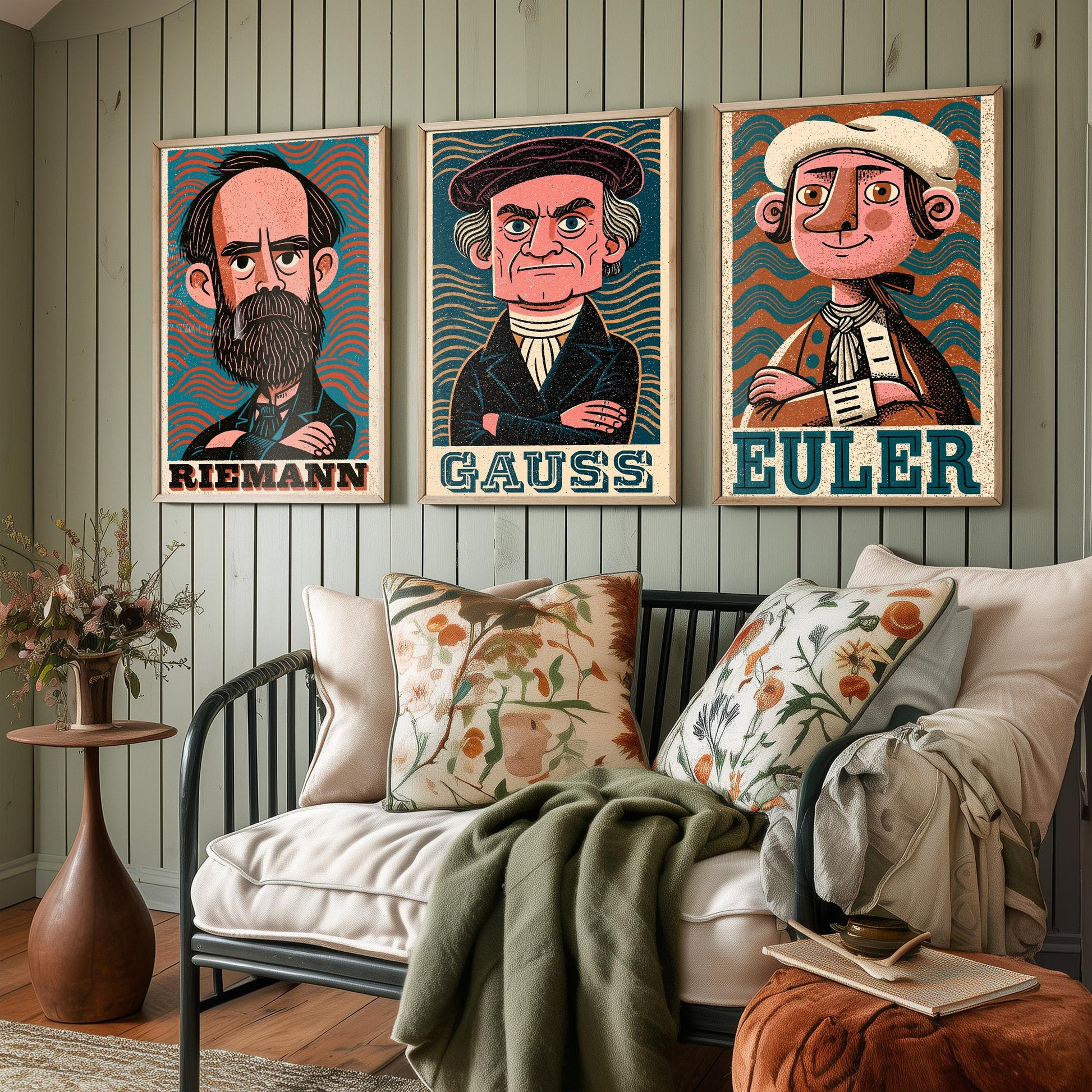 Mathematicians Set of Three Art Prints - Riemann, Gauss, Euler - Maths Poster Wall Art Gift Illustration Science Decor