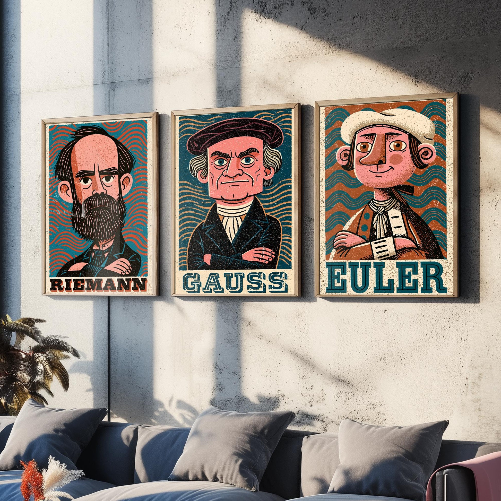 Mathematicians Set of Three Art Prints - Riemann, Gauss, Euler - Maths Poster Wall Art Gift Illustration Science Decor