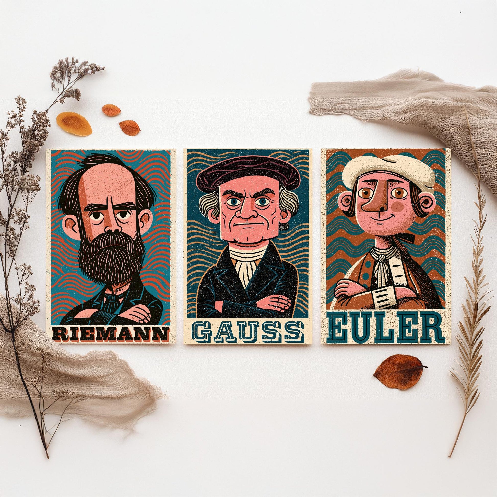 Mathematicians Set of Three Art Prints - Riemann, Gauss, Euler - Maths Poster Wall Art Gift Illustration Science Decor