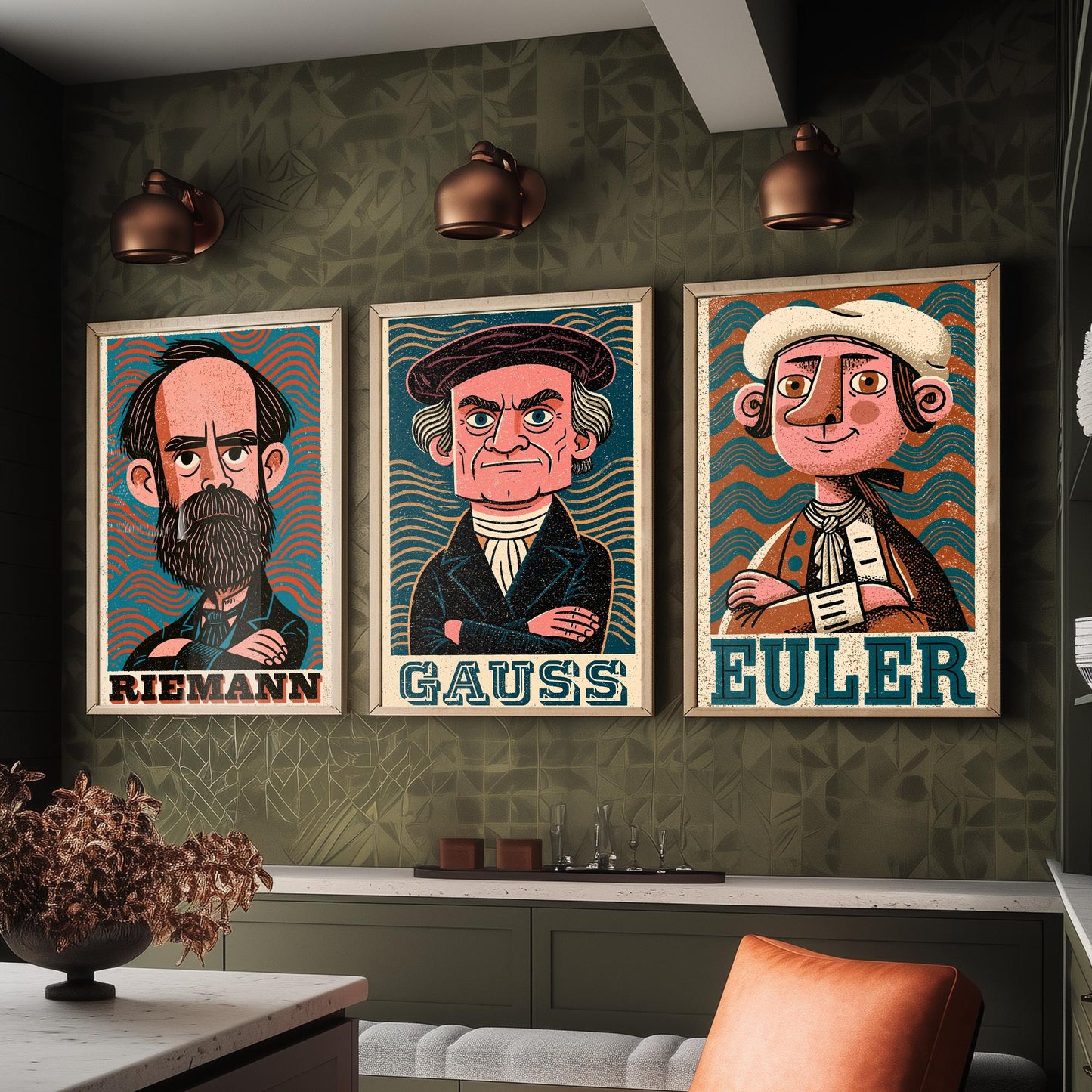 Mathematicians Set of Three Art Prints - Riemann, Gauss, Euler - Maths Poster Wall Art Gift Illustration Science Decor