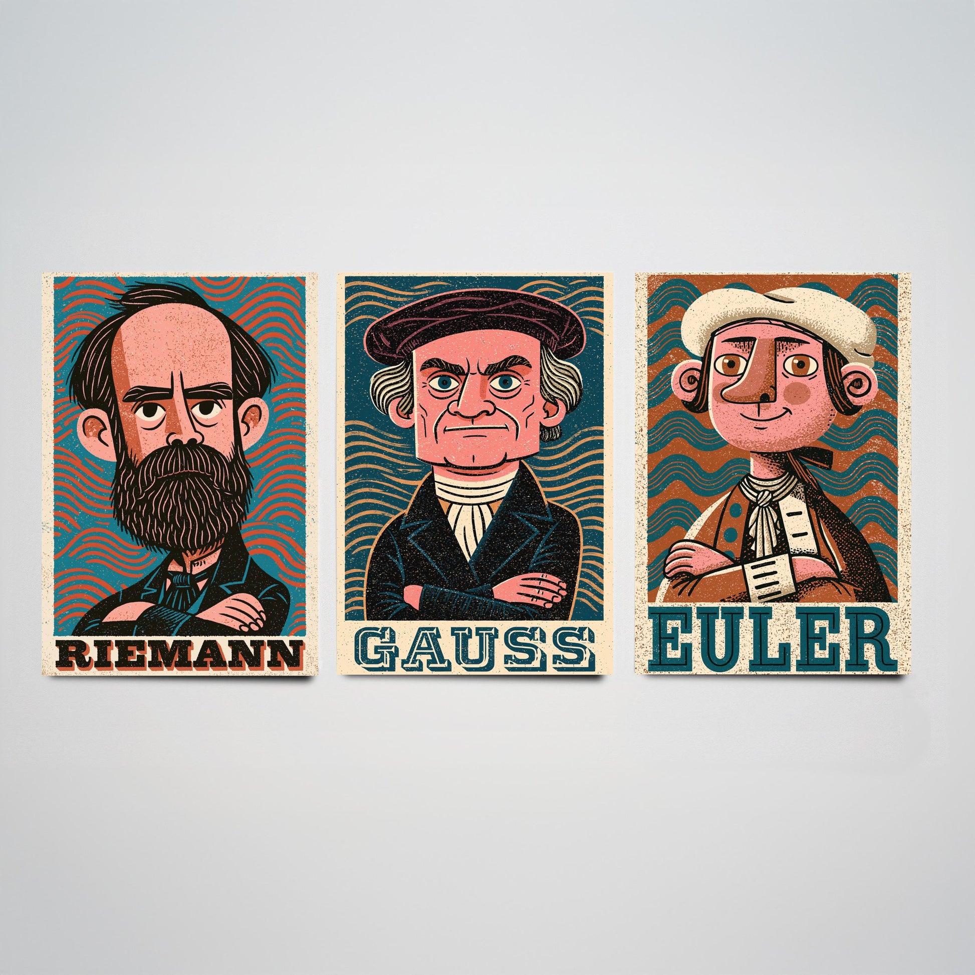 Mathematicians Set of Three Art Prints - Riemann, Gauss, Euler - Maths Poster Wall Art Gift Illustration Science Decor
