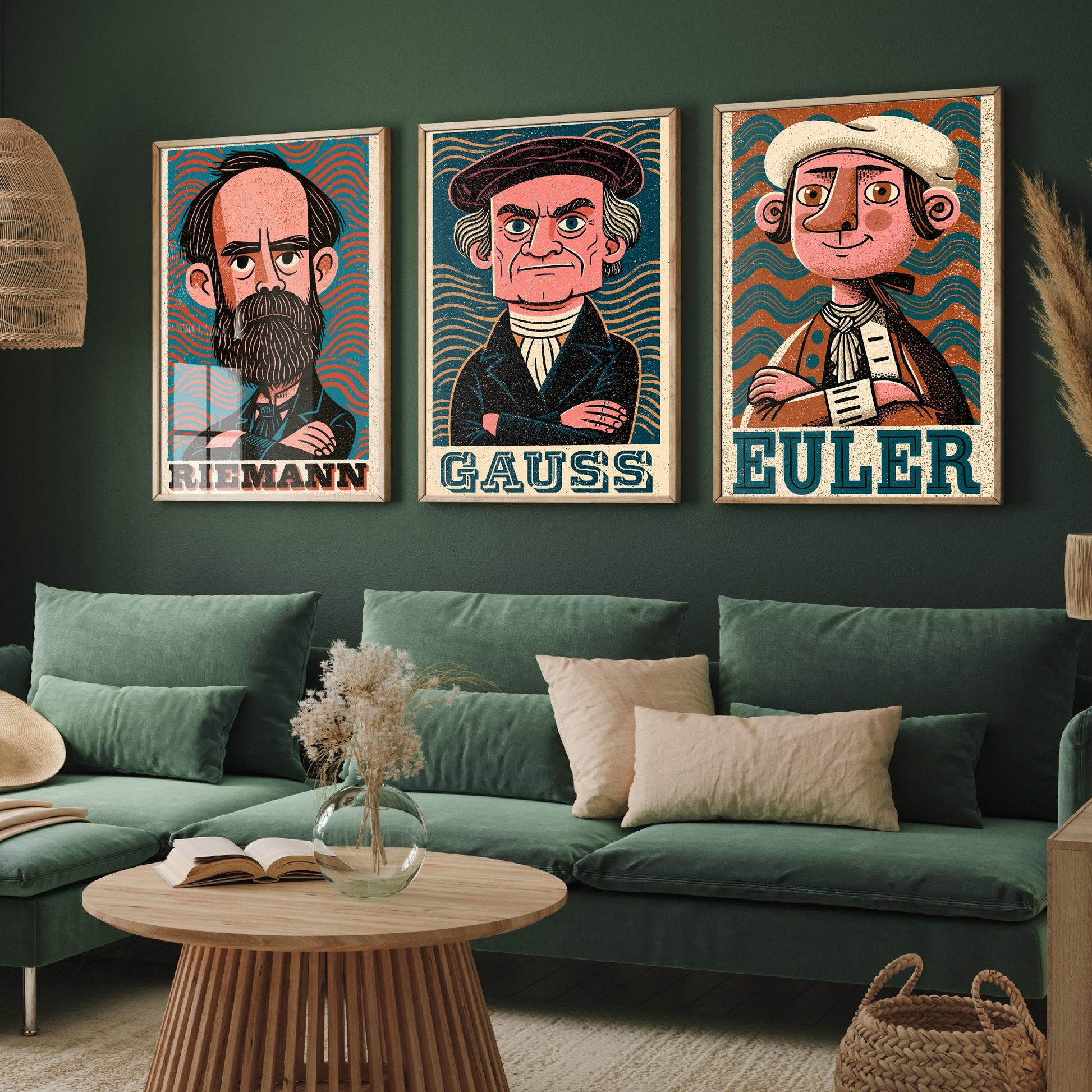 Mathematicians Set of Three Art Prints - Riemann, Gauss, Euler - Maths Poster Wall Art Gift Illustration Science Decor