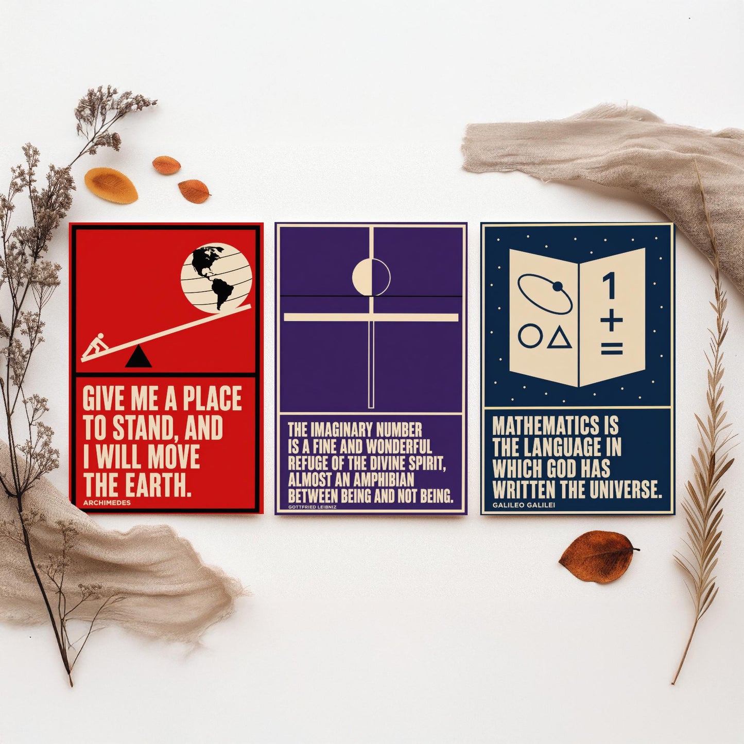 Mathematics Quotes Set of Three Art Prints - 3 Bauhaus Maths Posters - Minimalist Science Wall Art Illustration V1