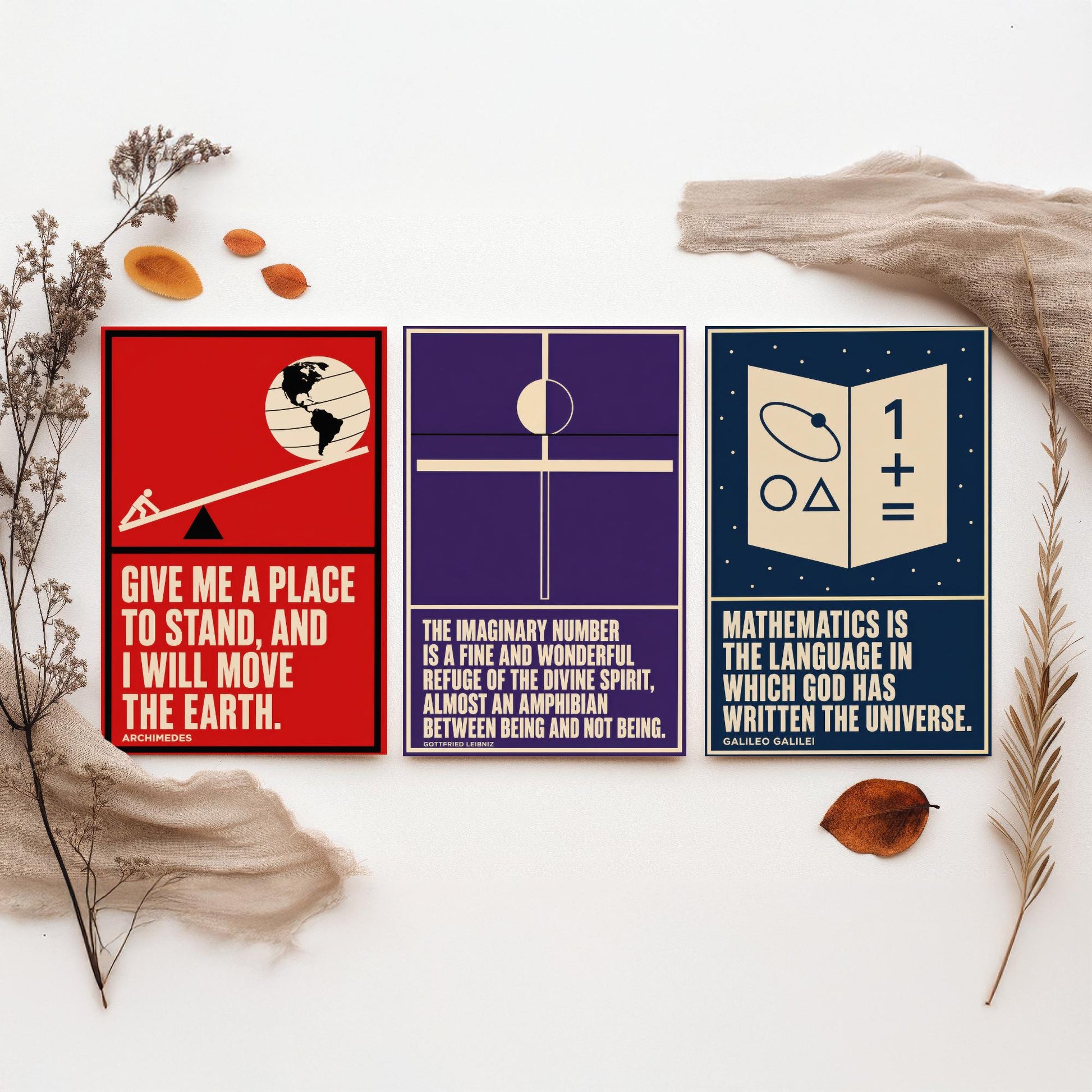 Mathematics Quotes Set of Three Art Prints - 3 Bauhaus Maths Posters - Minimalist Science Wall Art Illustration V1