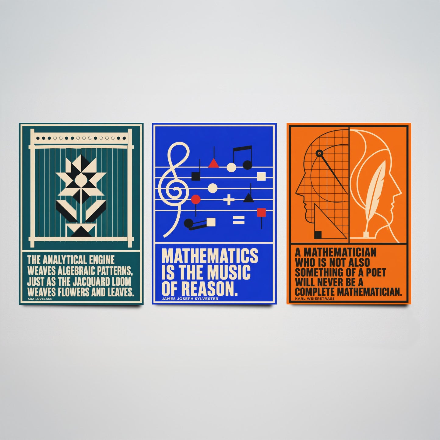 Mathematics Quotes Set of Three Art Prints - 3 Retro Bauhaus Maths Posters - Minimalist Science Wall Art Illustration V2